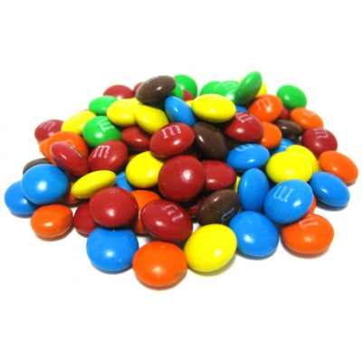 A pile of colorful M&M Choco Pouch 250g on a white background. (Brand Name: M&M's)