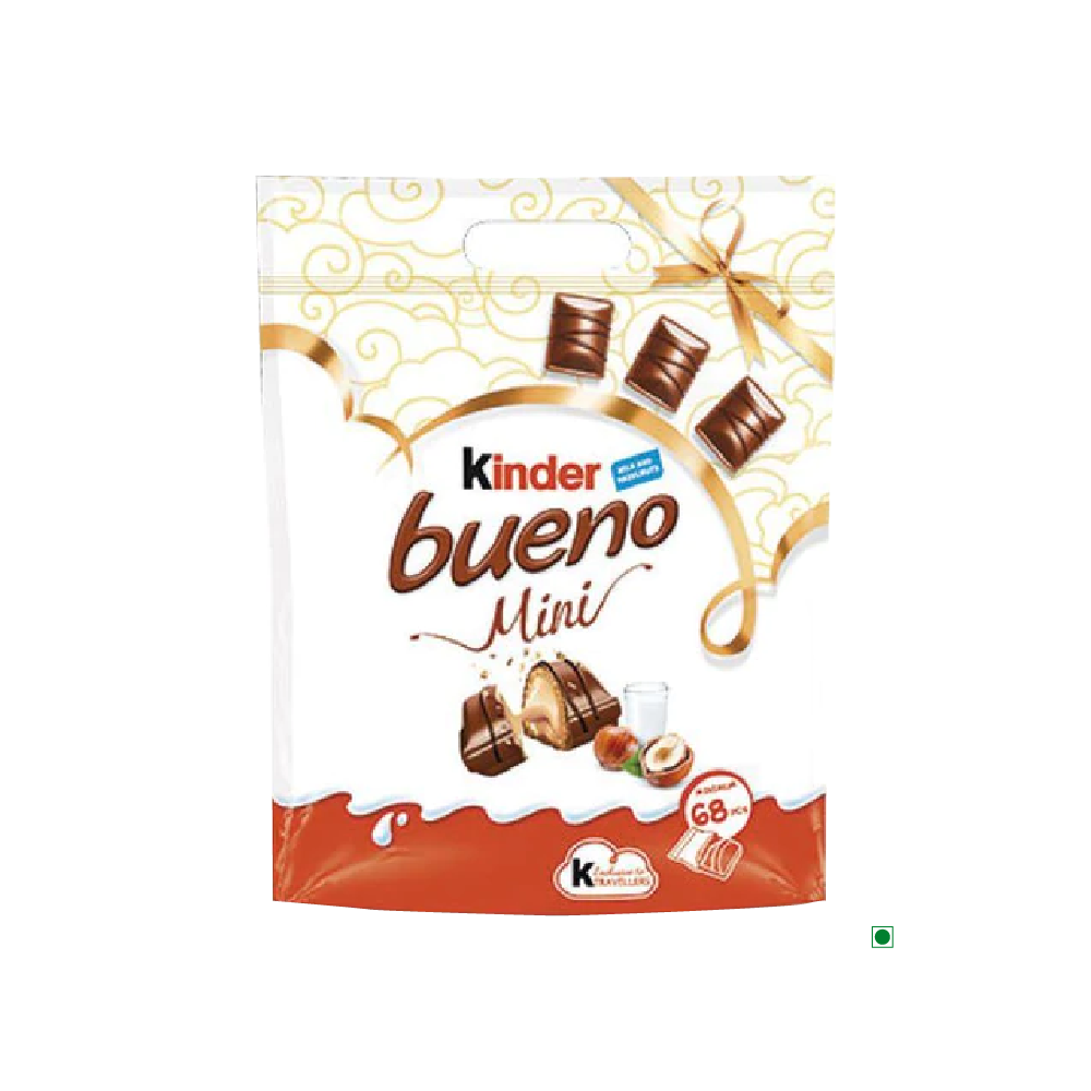 A bag of Kinder Mini Bueno T71 400g on a white background with hazelnut milky filling.