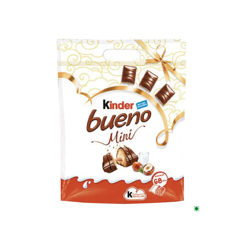 A bag of Kinder Mini Bueno T71 400g on a white background with hazelnut milky filling.