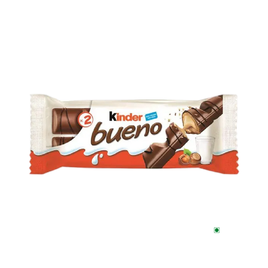 A Kinder Bueno T2 43g with nuts and Kinder chocolate on it.