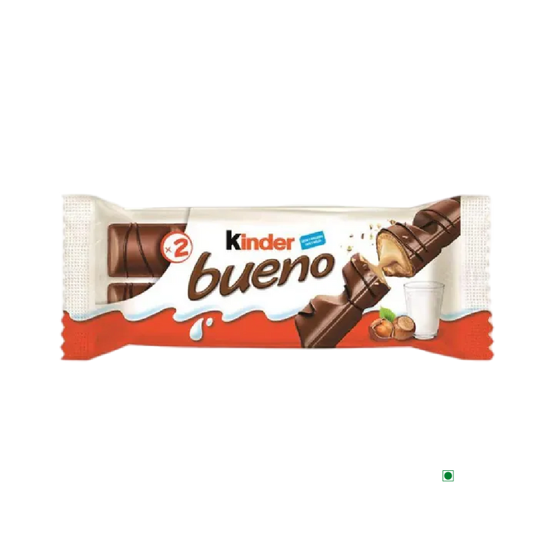 A Kinder Bueno T2 43g with nuts and Kinder chocolate on it.